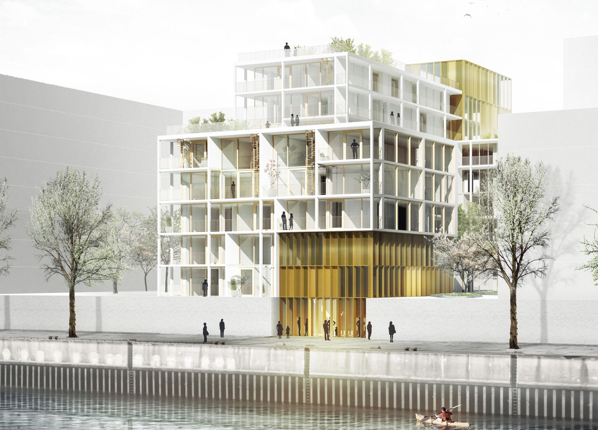 Danske arkitektvirksomheder markerer sig i disse år stærkt på den internationale scene. Her er det WERK’s vinderforslag ”Creative Blocks”- en boligbebyggelse i Hamburgs Hafencity. Illustration af WERK's Creative Blocks - vinderprojekt til Hamburgs Hafencity