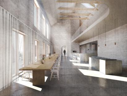 Et af afgangsprojekterne fra KADK 2017 er designet af Stine Nielsen. Projektet er et sognehus, der gør op med den traditionelle adskillelse mellem kirke- og byliv ved fx at inddrage et offentligt spisehus og mikrobryggeri. Foto: Spisesal i Kirke