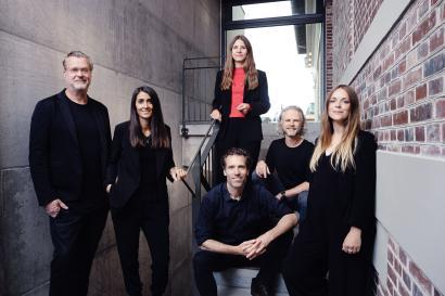 Den samlede partnergruppe set fra venstre: David Sommer, Anna Tazrei, Lise Knakkergaard, Jostein Burmann, Jesper Back og Anne Katrine Arrildt. Foto af ny partnergruppe hos E+N Arkitektur