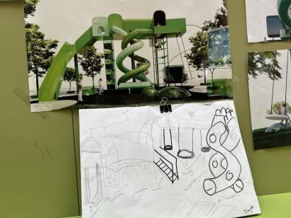 Rendering af GXN og idé af skoleelev fra skoleundervisning med cirkulær økonomi, biodiversitet og brugerinvolvering af 3XN/GXN og SLA. Foto fra DESIRE