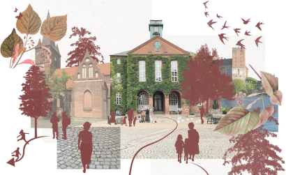 Forsiden af helhedsplanen for Akseltorv og Nicolaiplads i Kolding. De to byrumm udgør tilsammen hjertet af Koldings historiske bykerne. Collage/illustration: STED